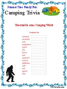 our camping trivia game includes charades and a scavenger hunt