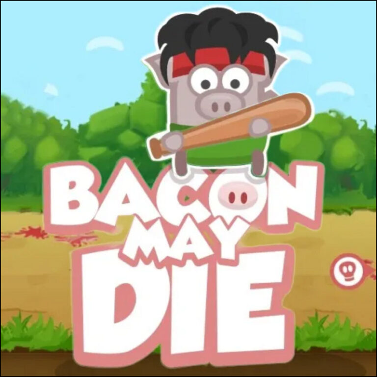 Bacon May Die online game showing pig hero and chicken sidekick