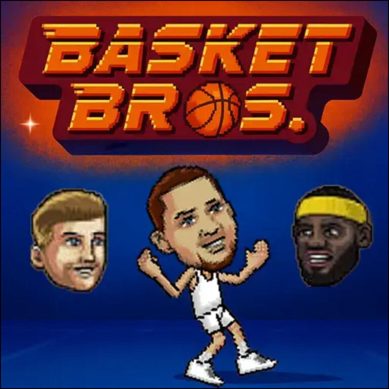 Basket Bros basketball game characters dunking on colorful court
